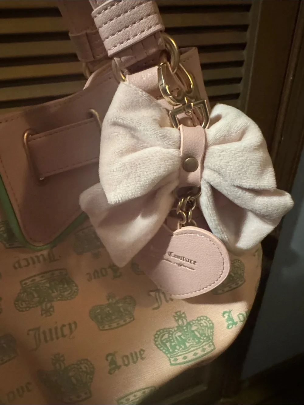 Juicy Couture Pink Shoulder Bag with Green Logo Print and Bow Charm
